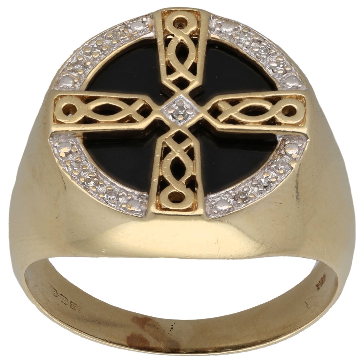 9ct Bicolour Gold Onyx & 0.065ct Diamond Crest/Emblem Signet Ring Size T