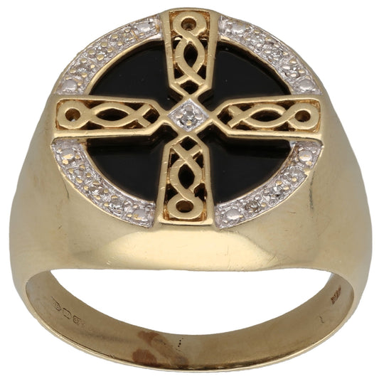 9ct Bicolour Gold Onyx & 0.065ct Diamond Crest/Emblem Signet Ring Size T