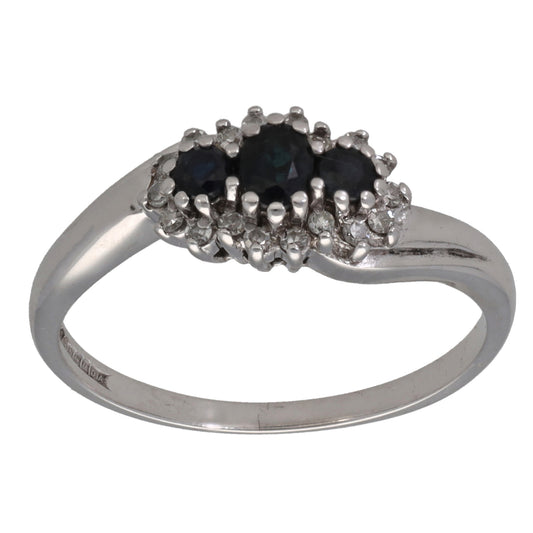 9ct White Gold Sapphire & 0.18ct Diamond Dress/Cocktail Ring Size P