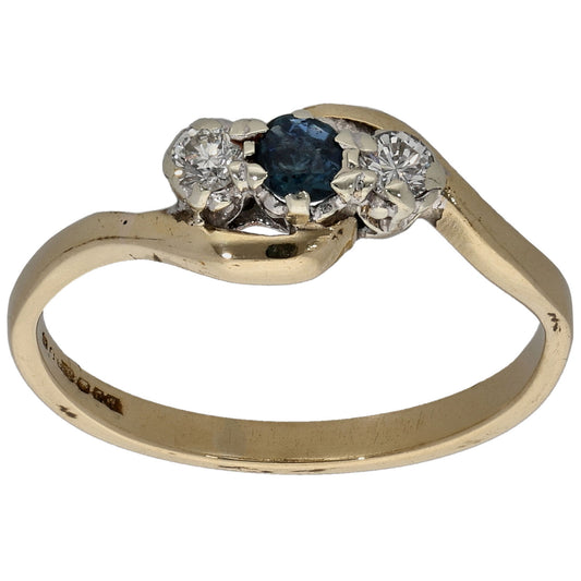 9ct Gold Sapphire & 0.10ct Diamond Three Stone Ring Size K
