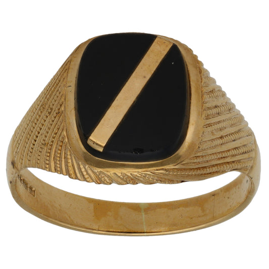 9ct Gold Onyx Single Stone Patterned Signet Ring Size V
