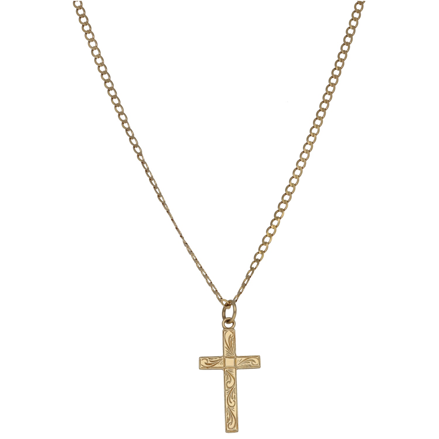 9ct gold cross pendant necklace with link chain, small engraved cross pendant