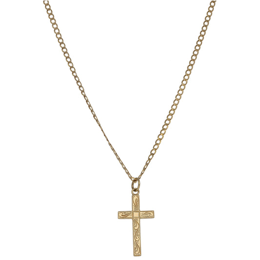 9ct gold cross pendant necklace with link chain, small engraved cross pendant