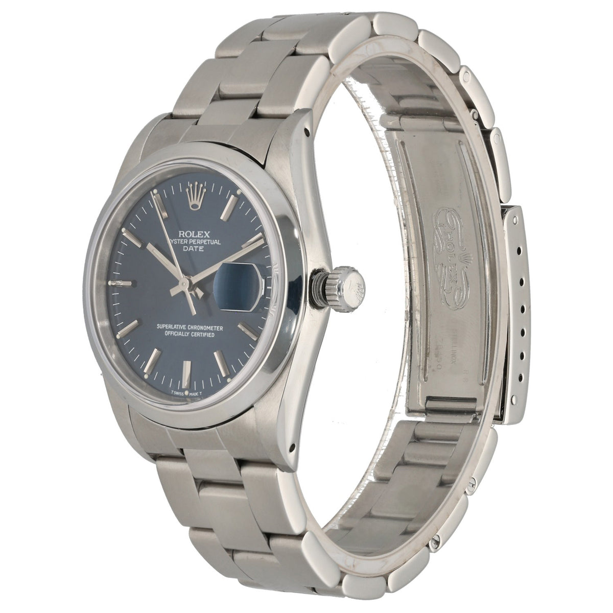 Rolex Date 15200, blue dial on 34mm stainless steel case and link bracelet, front angle image