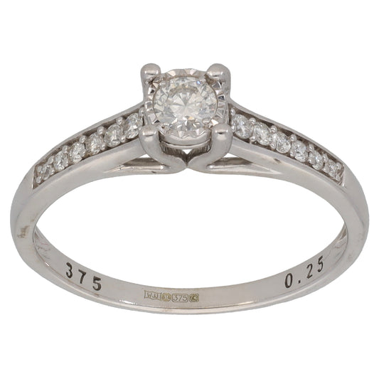 9ct White Gold 0.25ct Diamond Solitaire Ring With Accent Stones Size N
