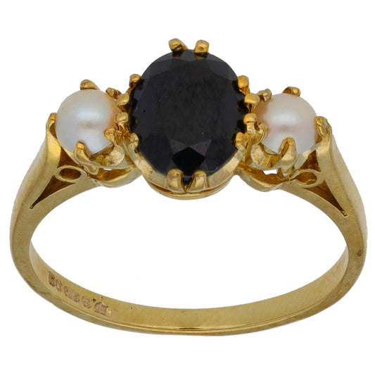 9ct Gold Sapphire & Cultured Pearl Three Stone Ring Size O