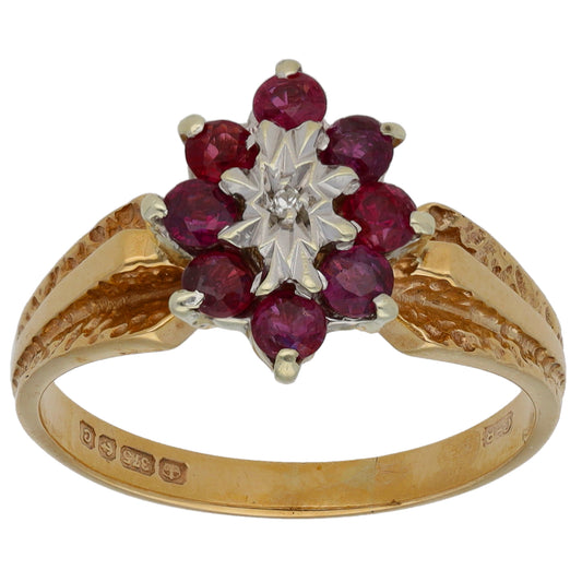 9ct Bicolour Gold Glass Filled Ruby & 0.005ct Diamond Dress/Cocktail Ring Size N