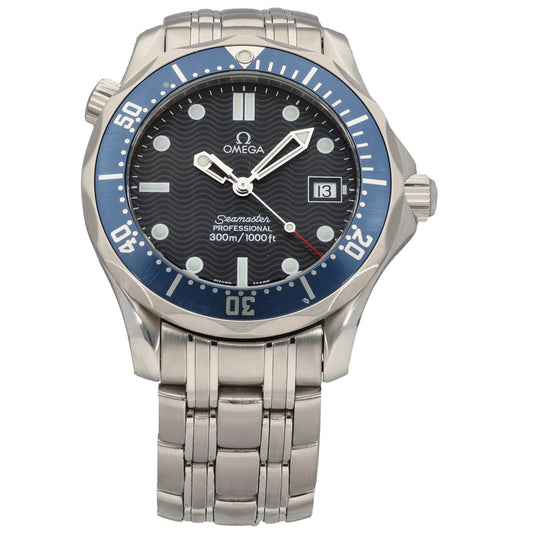 Omega Seamaster 2561.80.00 Stainless steel diver watch with blue bezel, black textured dial, and link bracelet band