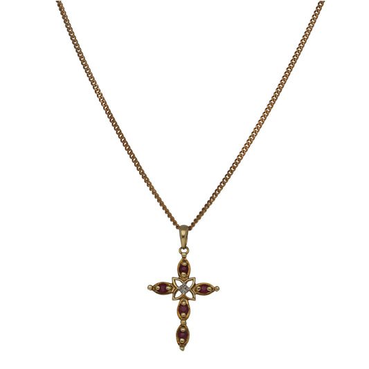 9ct Gold Ruby & 0.005ct Diamond Cross Pendant With Chain