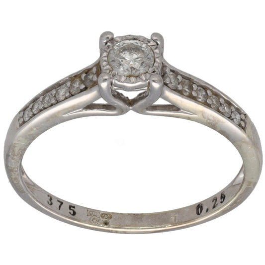 9ct White Gold 0.25ct Diamond Solitaire Ring With Accent Stones Size L