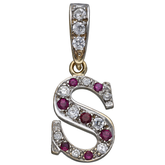 9ct Gold Ruby & Cubic Zirconia Initial S Pendant