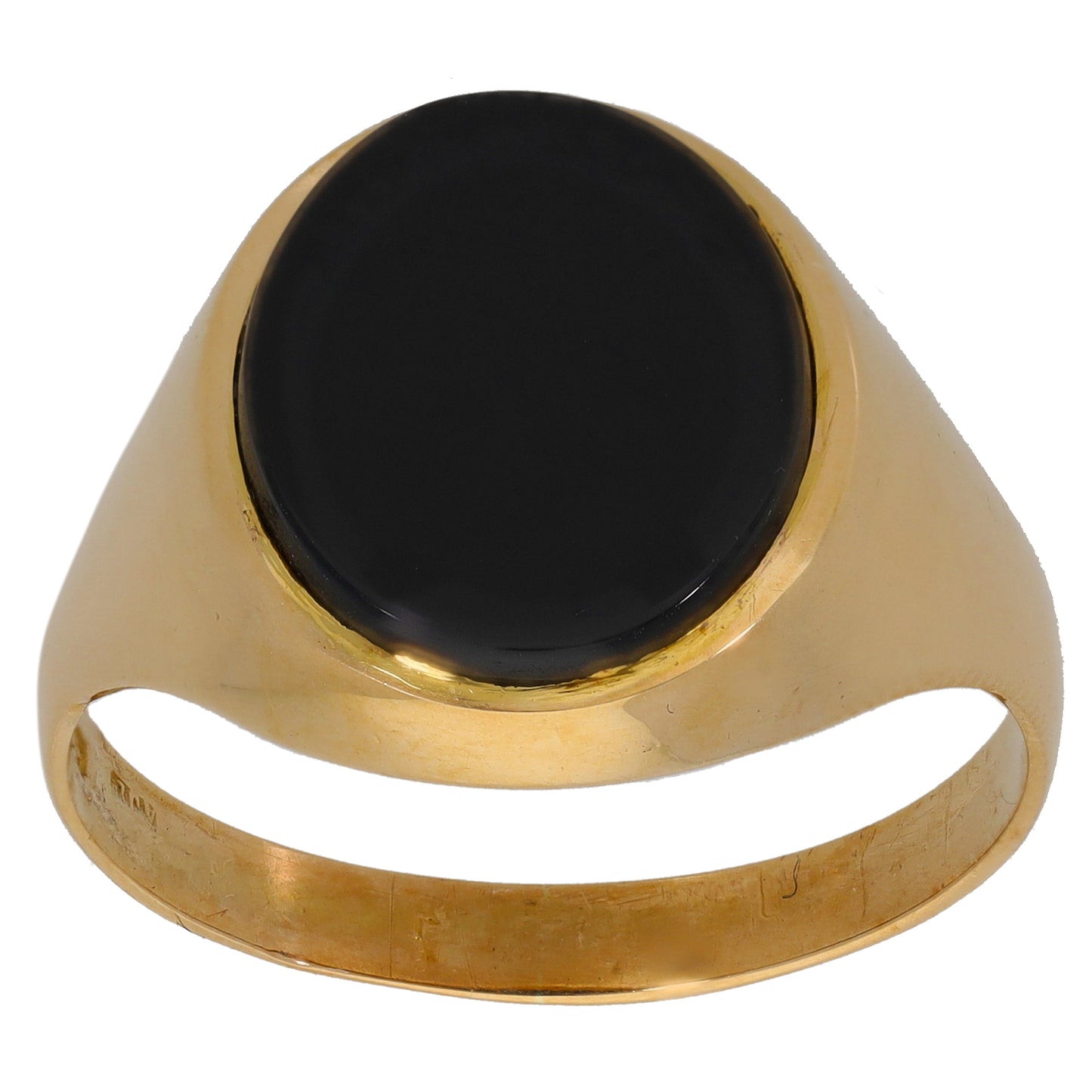 9ct gold signet ring with round dark onyx cabochon, wide polished band