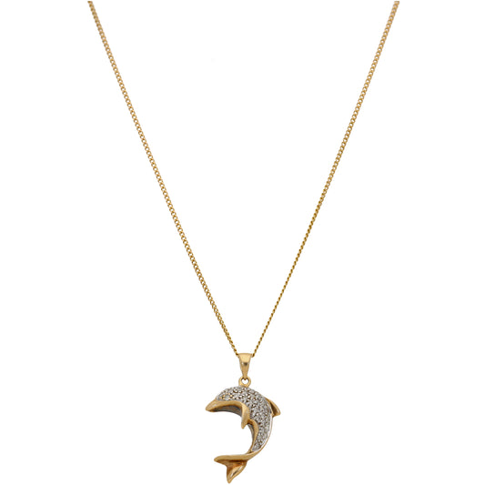 9ct Gold 0.14ct Diamond Dolphin Pendant With Chain