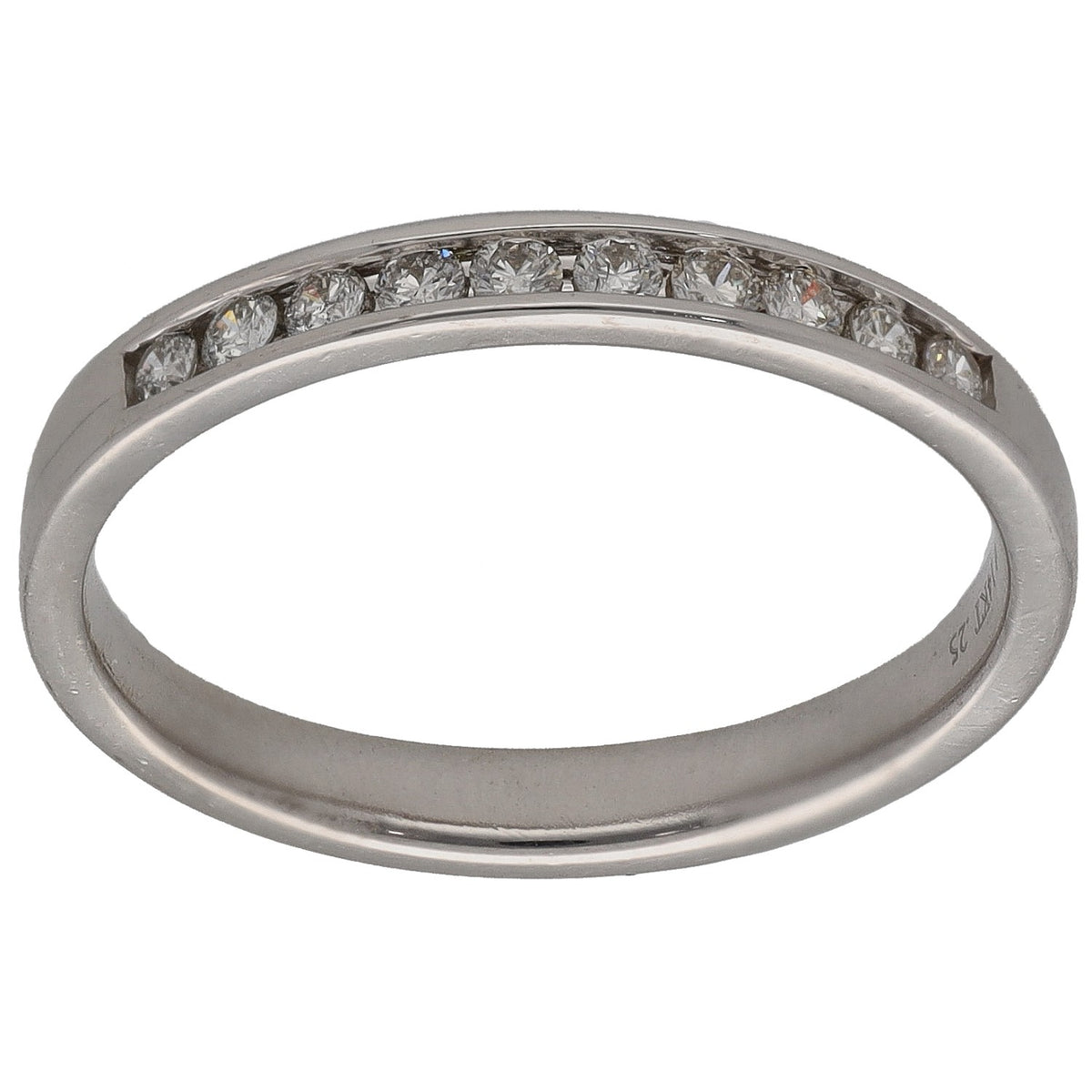 White gold half-eternity ring with round diamond row across the top.