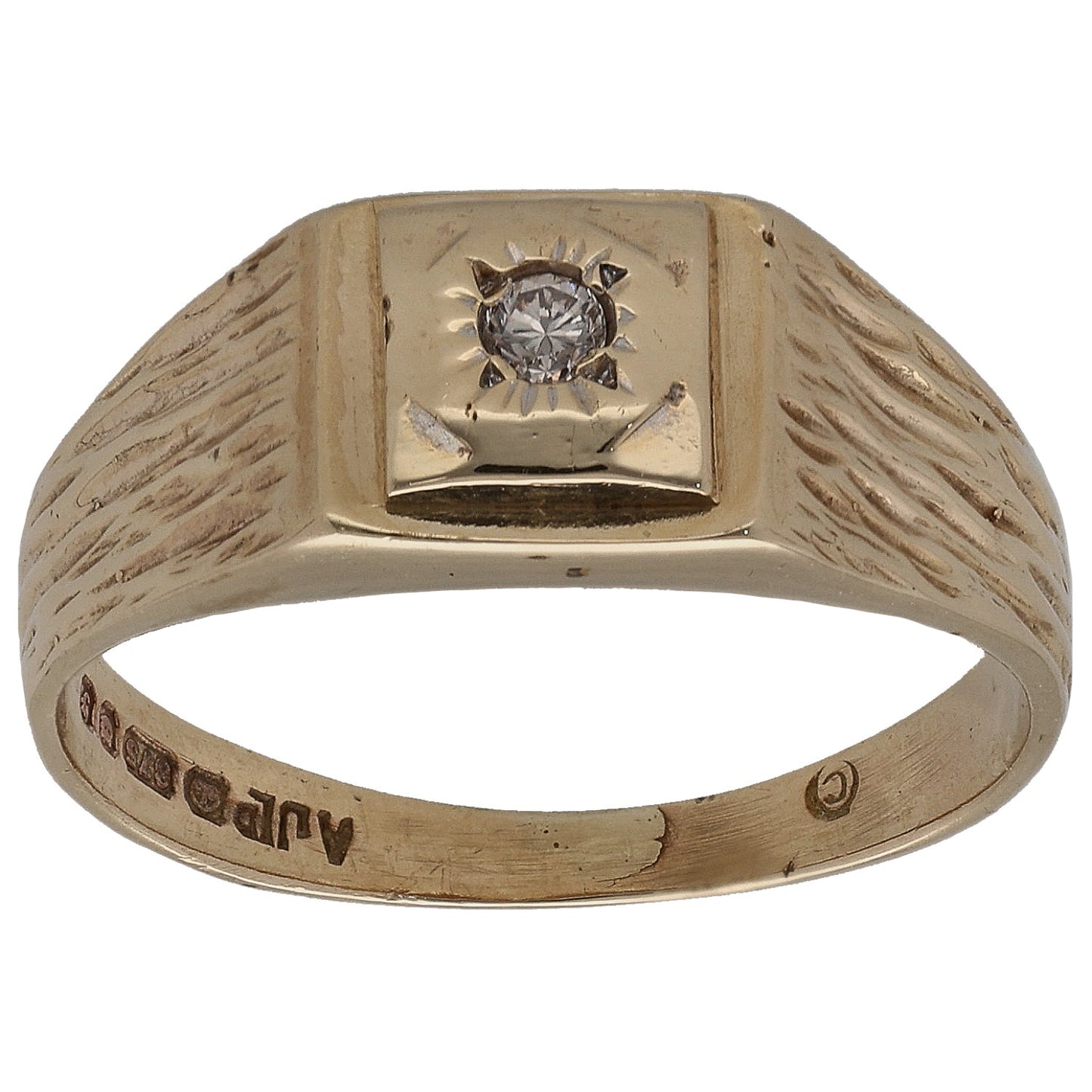 Gold patterned signet ring with round diamond cluster setting
