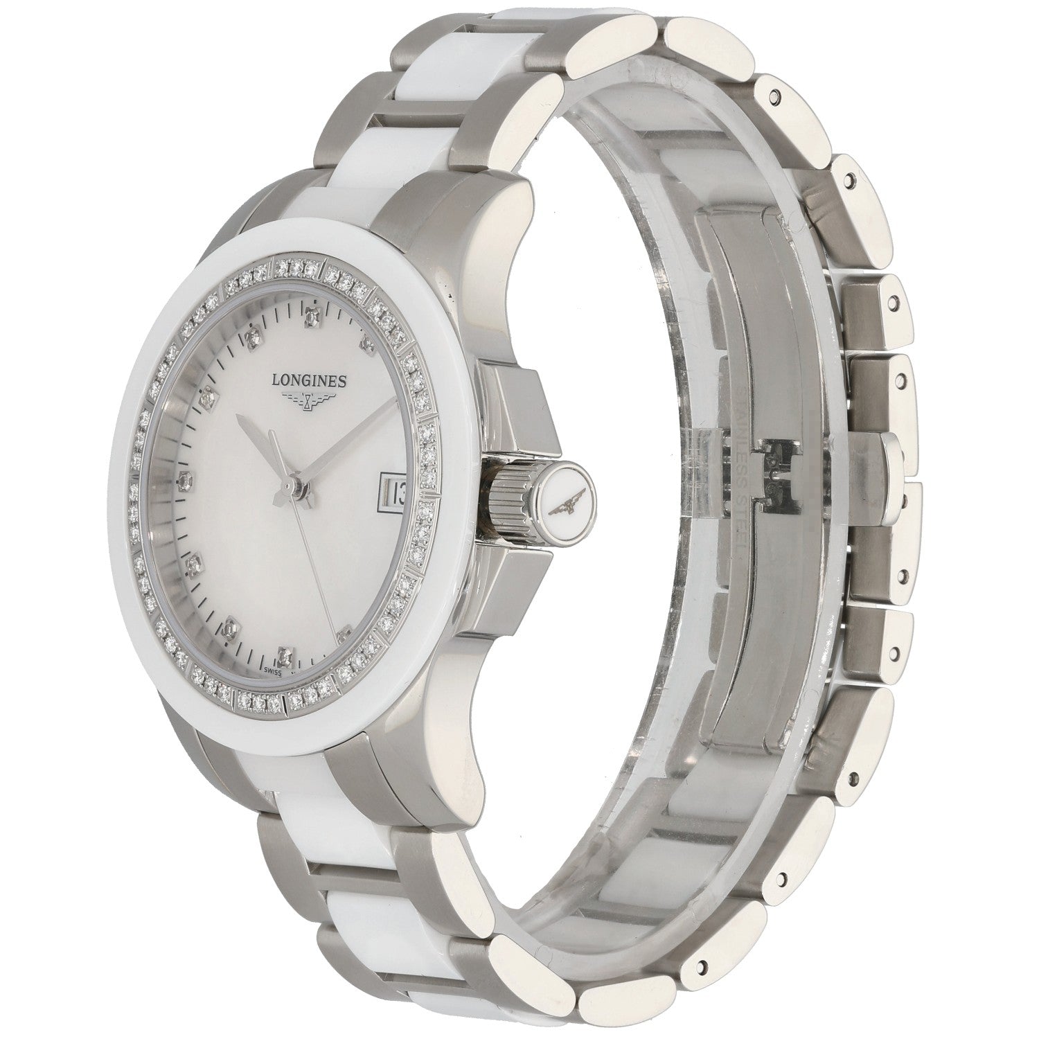 Longines Conquest Classic L3.281.0, Mother of Pearl dial, Stainless Steel & Ceramic, Front Angle Image