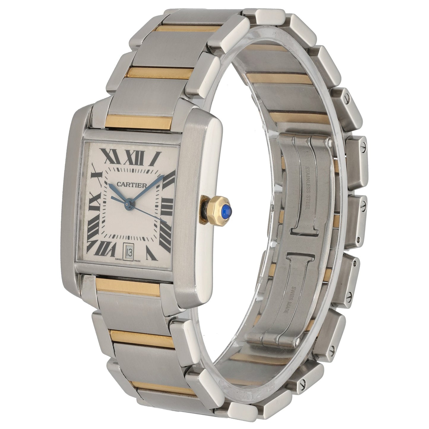 Stainless steel Cartier Tank Francaise W51005Q4 watch with gold-tone strap links, Roman dial and date