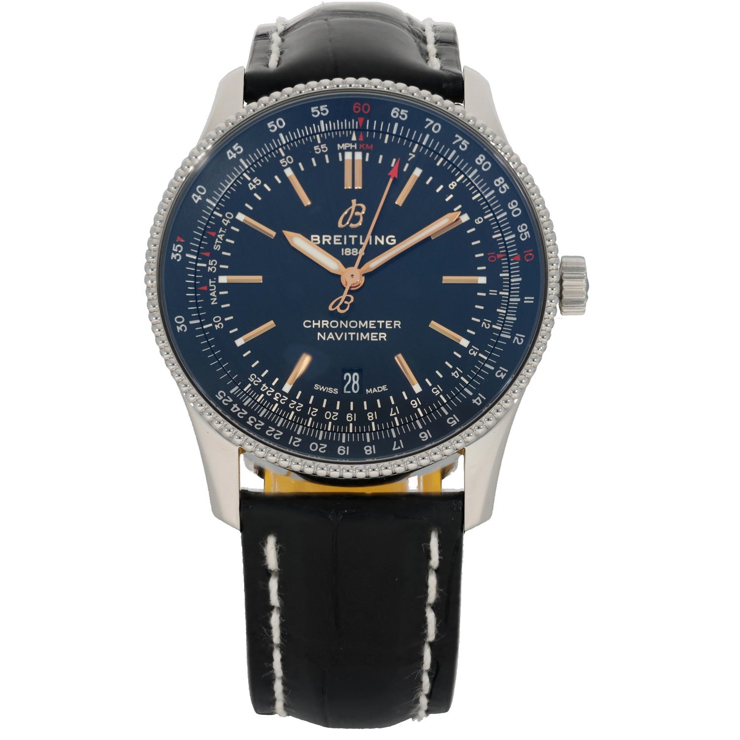 Breitling Navitimer A17326, black dial with black leather strap, with champagne colourd hour markers