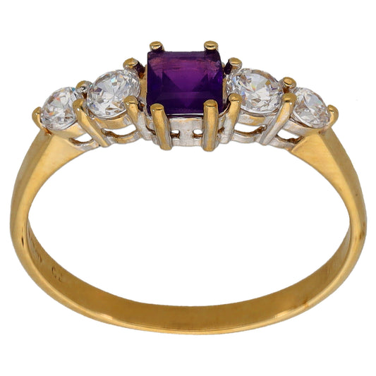 Gold amethyst and CZ cocktail ring, square purple center stone with round side stones, size M