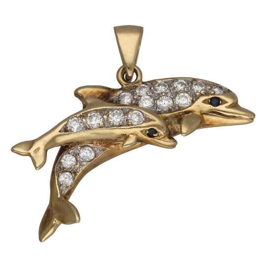 9ct Gold Sapphire & Cubic Zirconia Dolphin Pendant