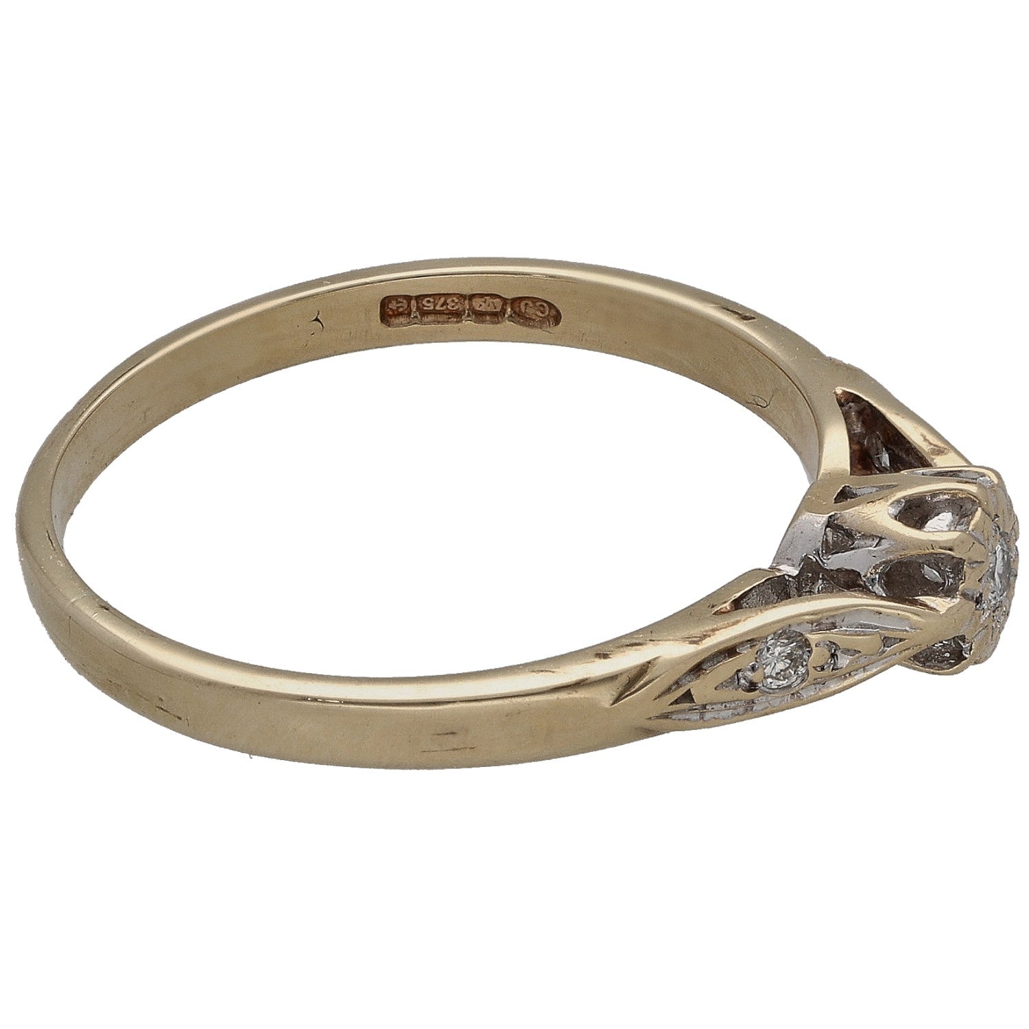 9ct gold ring band with round diamond set on ornate shoulders, size N