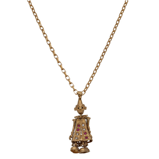 9ct Gold Man Made Ruby & Cubic Zirconia Clown Pendant With Chain