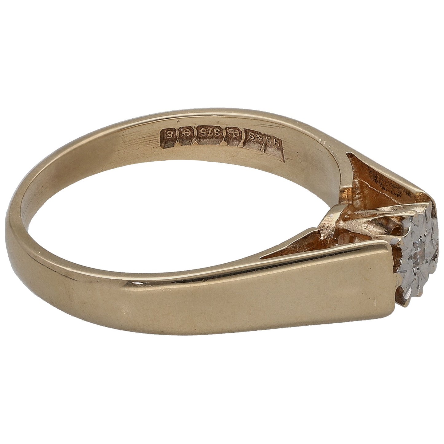 9ct gold solitaire ring showing hallmarks and round diamond side setting