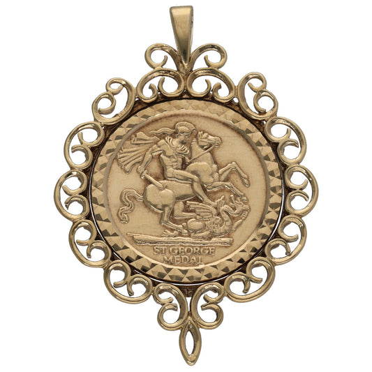 9ct gold St George medallion pendant with ornate loop frame and hanging bail