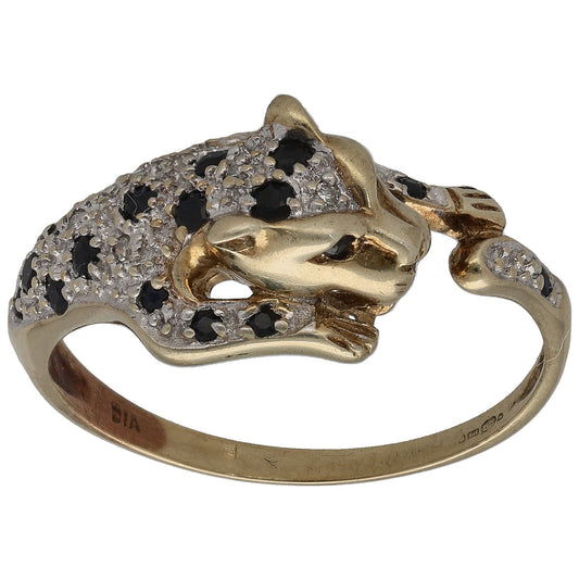 9ct Gold Sapphire & 0.035ct Diamond Panther Ring Size Q