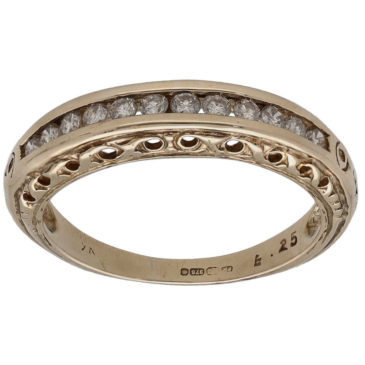 9ct yellow gold half-eternity ring with round diamonds and ornate milgrain bezel