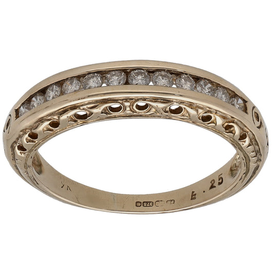 9ct yellow gold half-eternity ring with round diamonds and ornate milgrain bezel