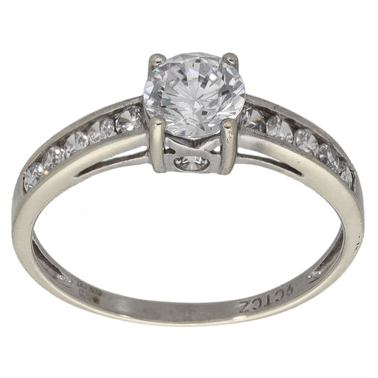 9ct White Gold Cubic Zirconia Single Stone Ring With Accents Size R