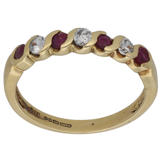 9ct Gold Ruby & Imitation Half Eternity Ring Size L