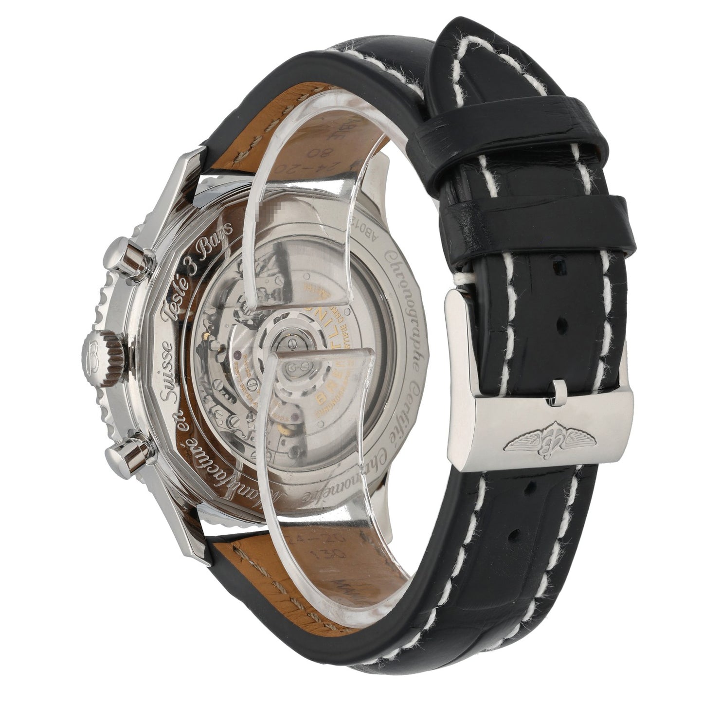 Breitling Navitimer B01 AB0127 Stainless steel chronograph watch with open caseback and black leather strap