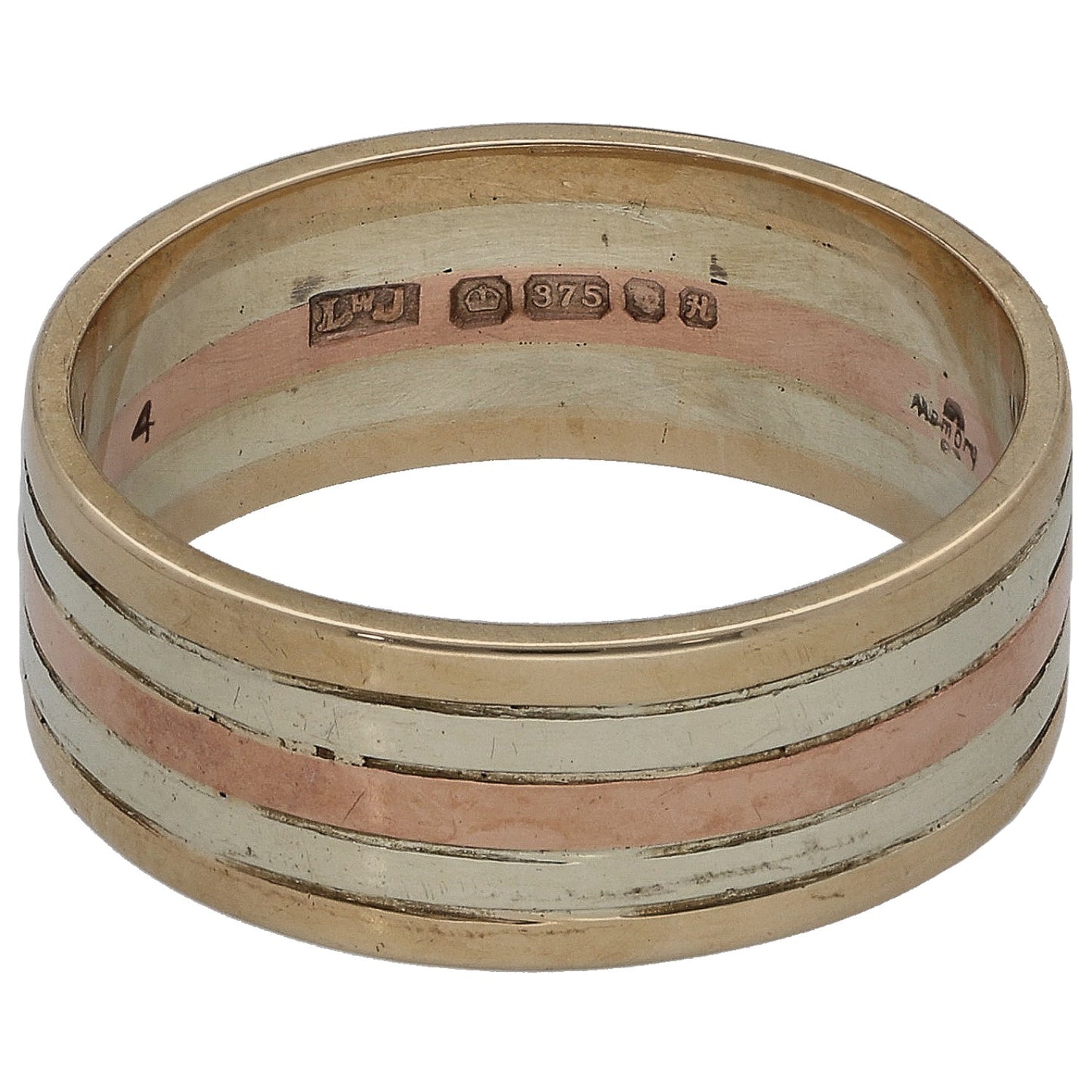 Bicolour gold wedding ring interior with hallmarks and alternating band design