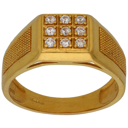 22ct Gold Cubic Zirconia Patterned Signet Ring Size R
