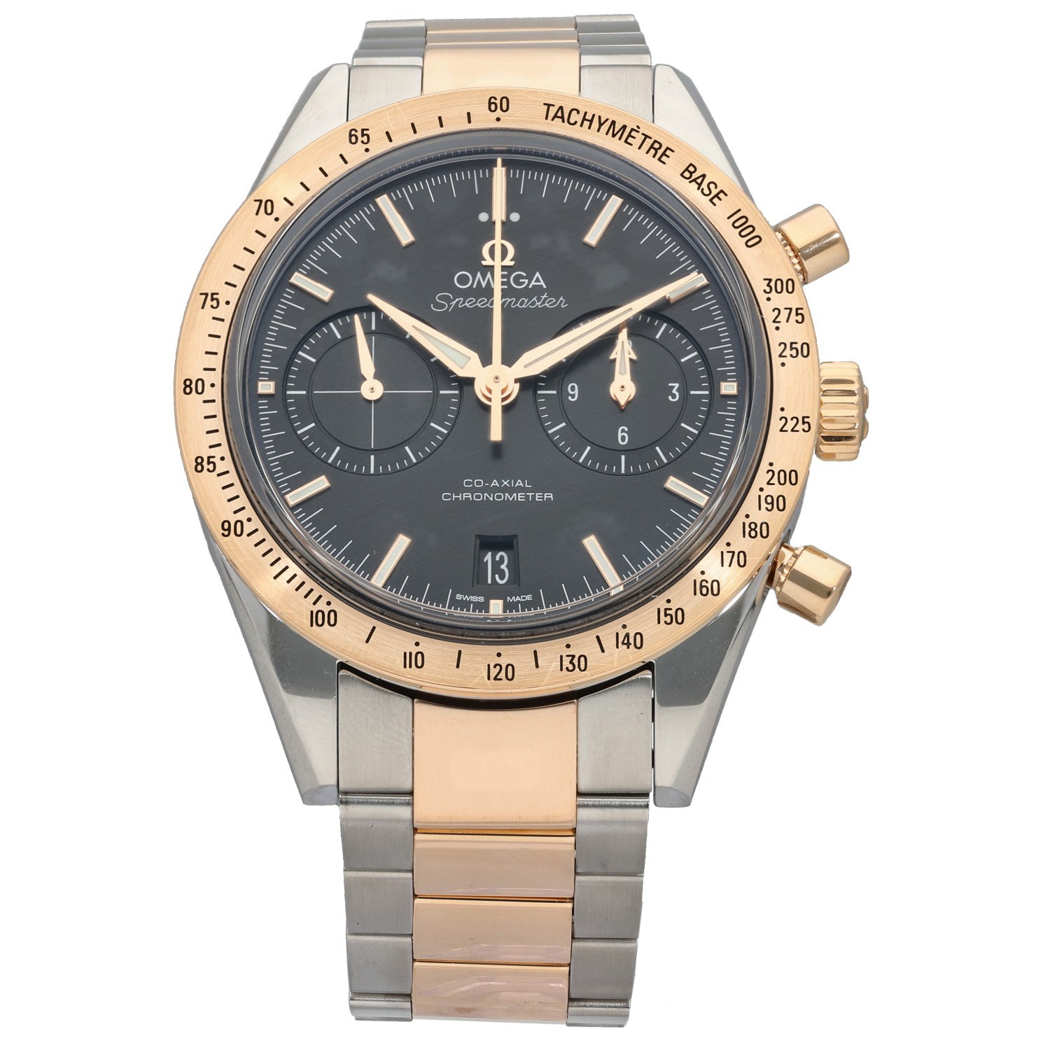 Omega Speedmaster 331.20.42.51.01.002 Bi-colour chronograph watch, black dial, steel and rose-gold bracelet, tachymeter bezel