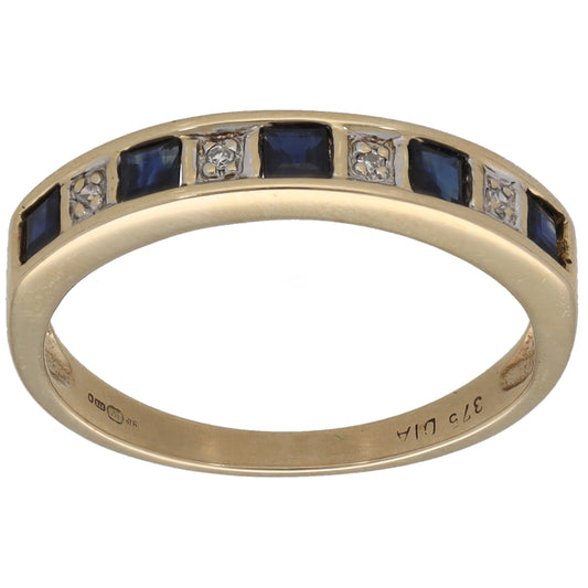 9ct gold half eternity ring with blue square sapphires and round diamond highlights