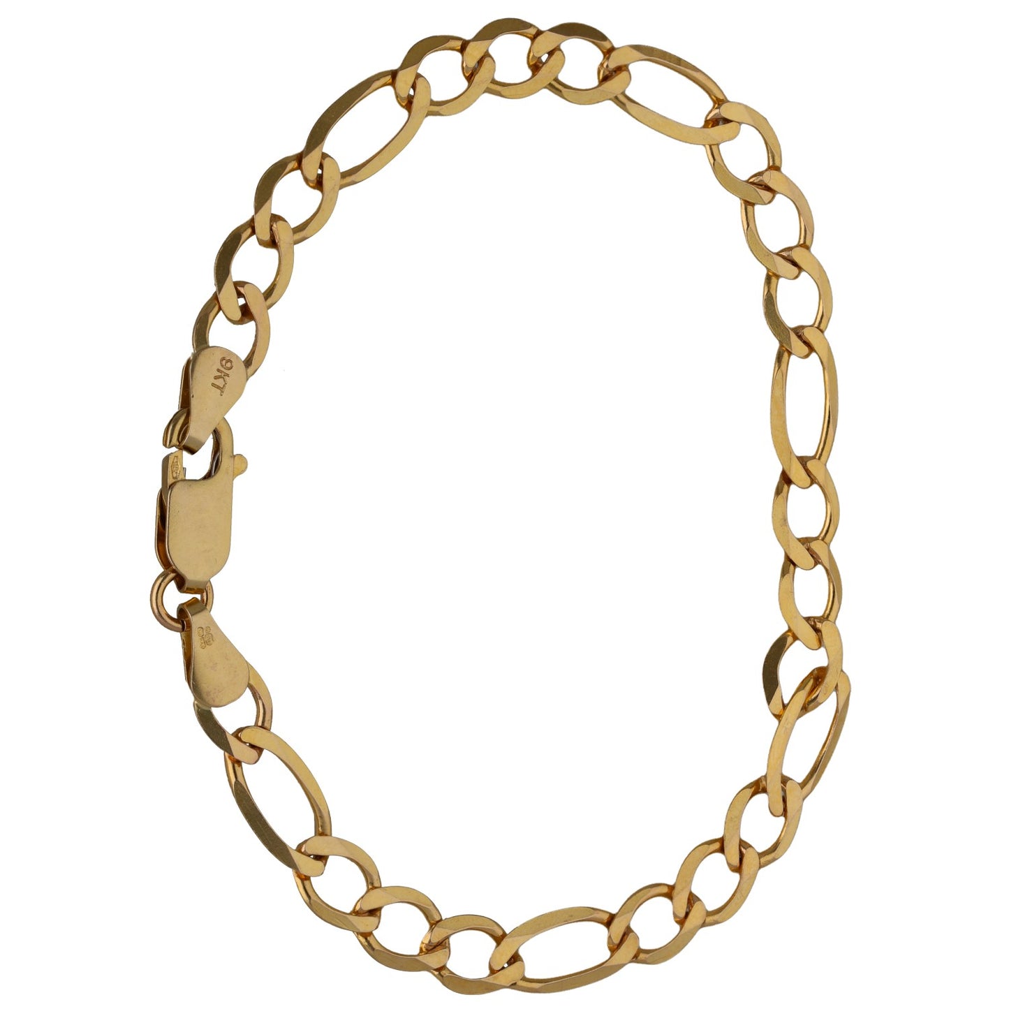 Gold Figaro-link bracelet with engraved end tag and alternating oval-bar links