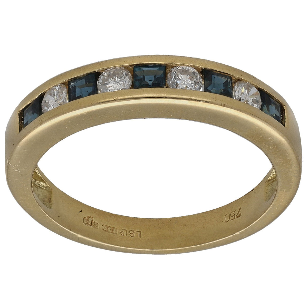 18ct gold half eternity ring with dark blue sapphires and round diamonds