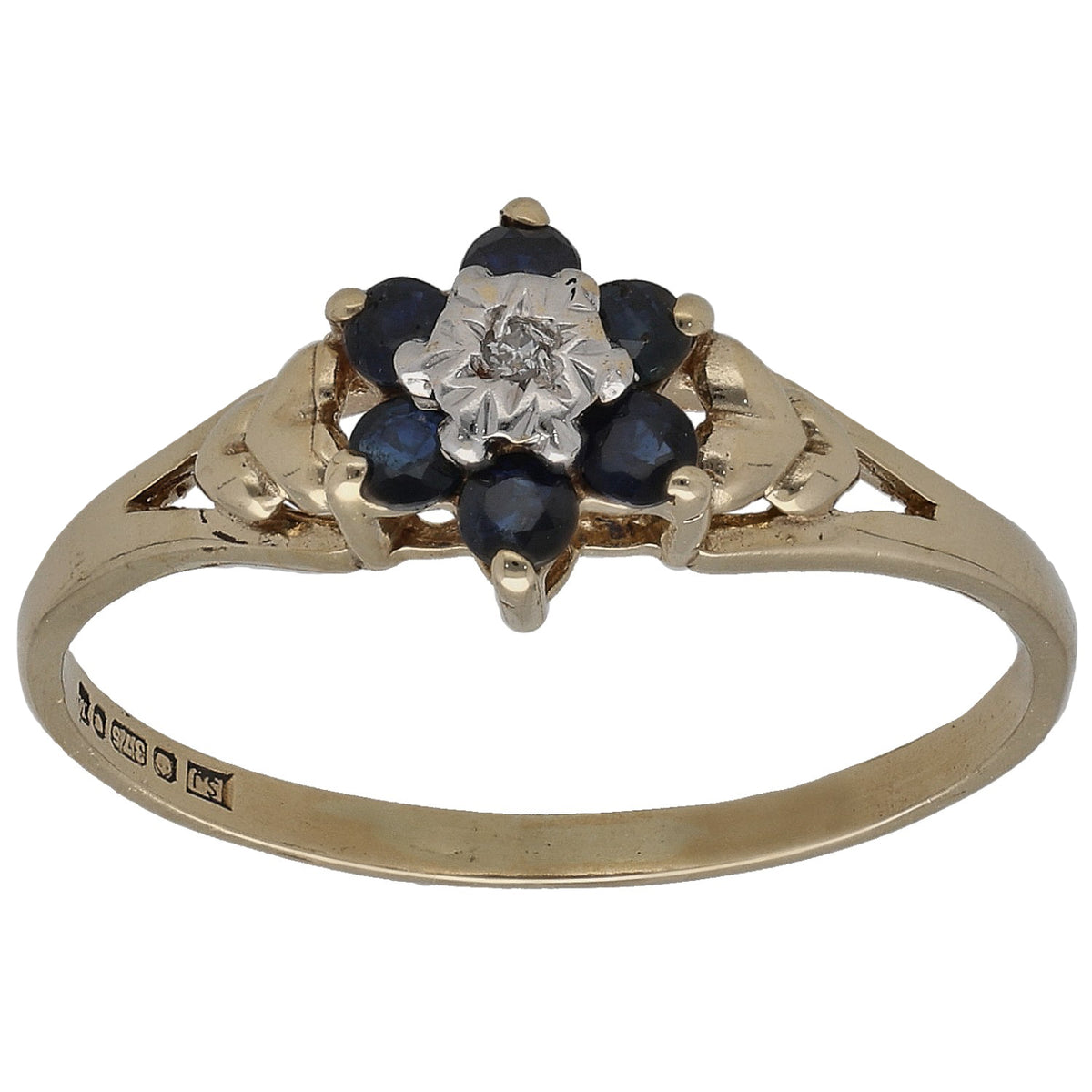 9ct gold cocktail ring with round diamond center and dark blue sapphire stones