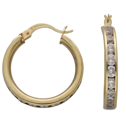 Gold CZ hoop earrings with vertical stone bar detail