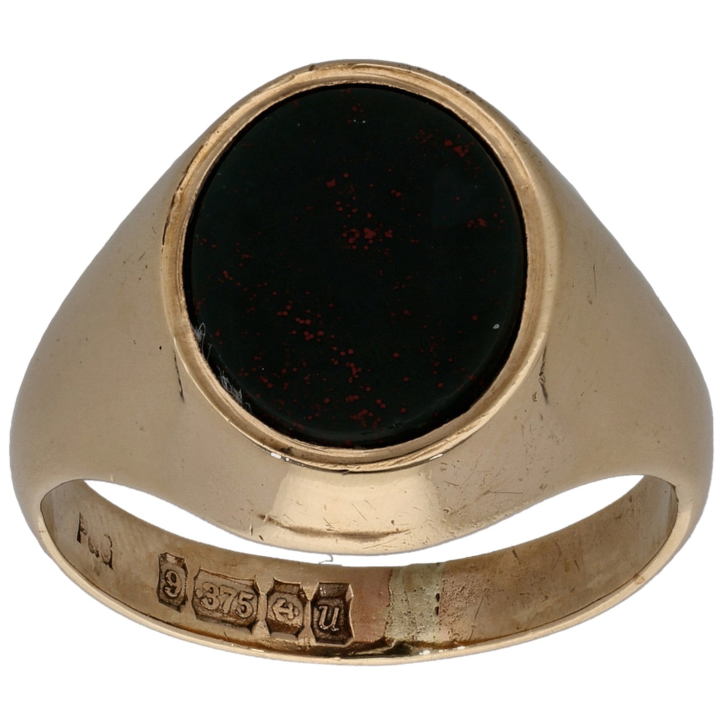 9ct Gold Bloodstone Patterned Single Stone Signet Ring Size P
