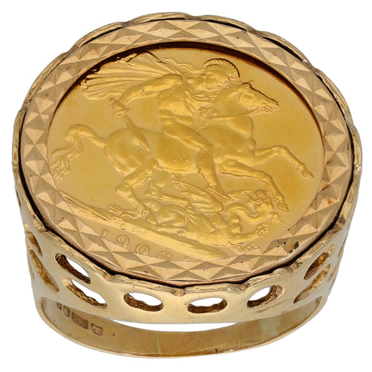9ct Gold Full Sovereign Coin Ring Size T