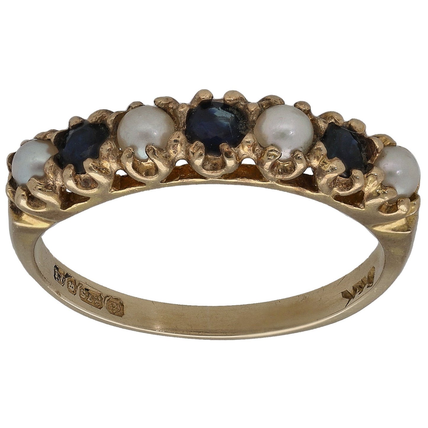 9ct Gold Sapphire & Cultured Pearl Half Eternity Ring Size N