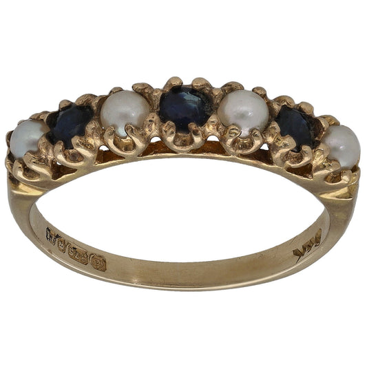 9ct Gold Sapphire & Cultured Pearl Half Eternity Ring Size N