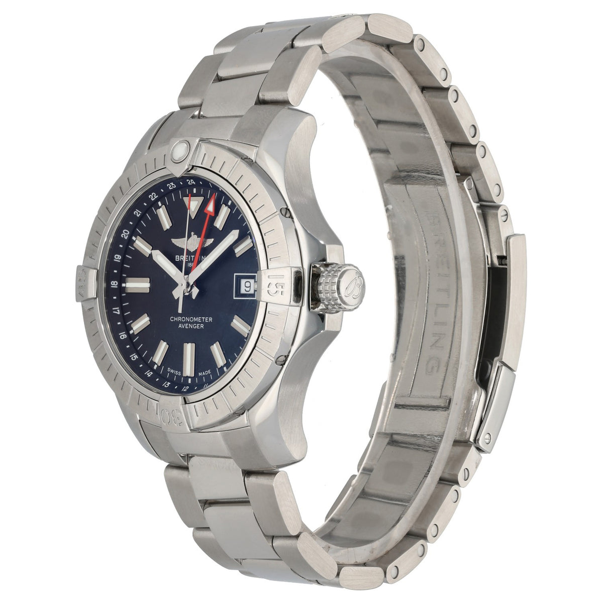 Breitling Avenger A32397 Stainless steel wristwatch with blue dial, side profile, crown, and metal link bracelet