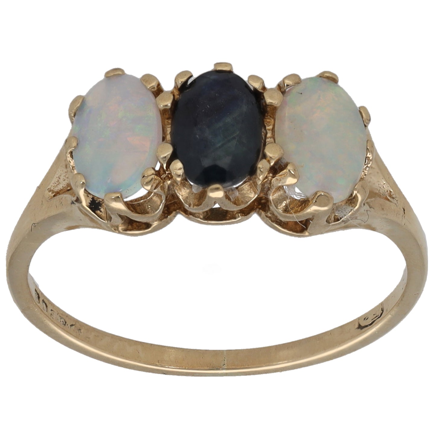 9ct Gold Sapphire & Opal Three Stone Ring Size M