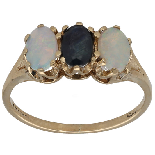 9ct Gold Sapphire & Opal Three Stone Ring Size M