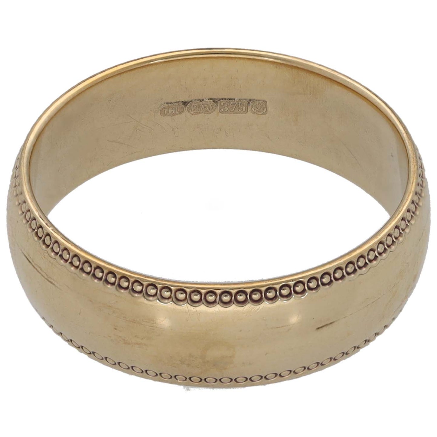 9ct gold wedding ring, band with repeating bead pattern and flat top